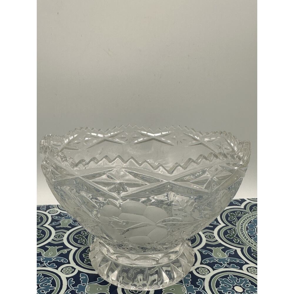 Vintage Lead Crystal Lausitzer Footed Bowl Sawtooth Edge Etched Floral Design